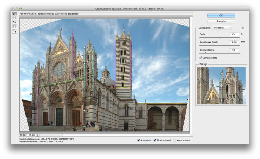 Immagine 4. Il Grandangolo Adattato introdotto in Photoshop CS6 è di gran lunga la soluzione più efficace, tracciando le linee chiave basta poco per normalizzare la foto.
