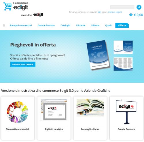 Edigit E-Commerce: è il portale di commercio elettronico web-to-print, disponibile in due versioni, completamente integrabile a tutti i sistemi gestionali Edigit. 