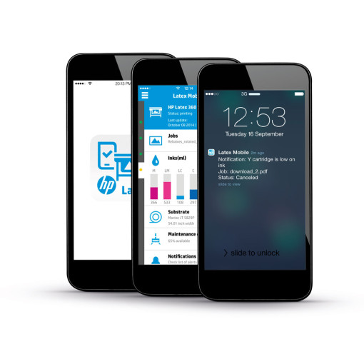Con la Mobile App HP Latex è possibile gestire la stampa da remoto seguendo l’avanzamento dei lavori e ricevendo alert sullo schermo di uno smartphone