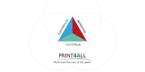 Il logo dei Print4All è un triangolo, una forma solida, dunque, nella quale non si uniscono in modo «liquido» i tre marchi, diventando uno solo. No, ognuno resta a sé, in un’idea di connubio e sintesi delle tre.