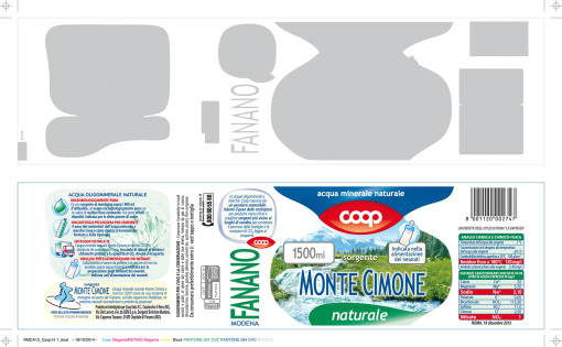 Etichetta e layout per l'acqua minerale della Coop.
